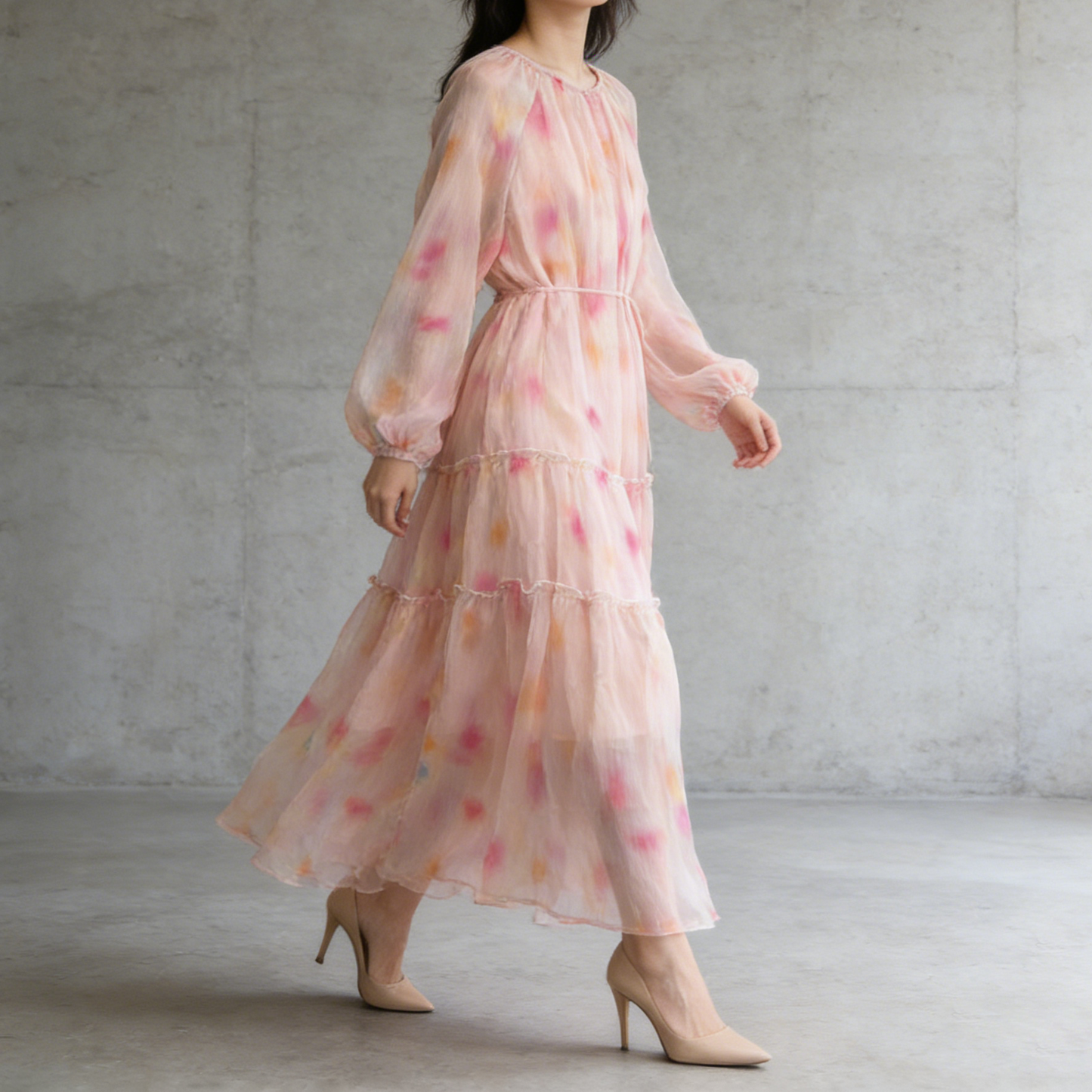 【ワンピース】長袖 ラウンドネック ウエストマーク Aライン 絞り染めプリント ロングワンピース リゾート 海辺 フレアワンピース【SHシリーズ】