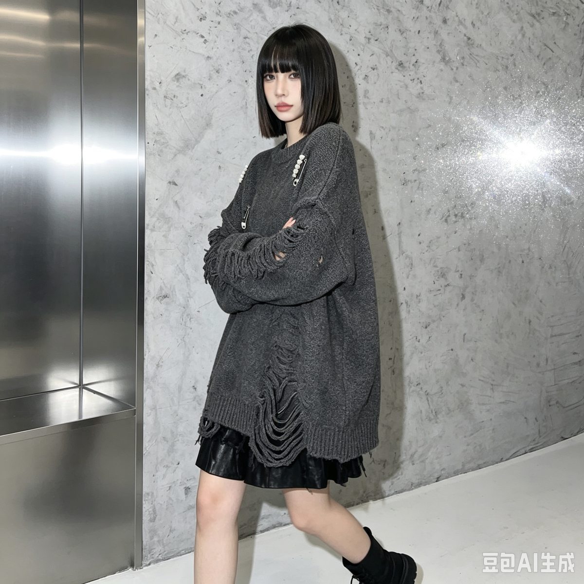 【トップス】パールピン付きダメージニット レディース 秋冬新作 フリンジ ゆったり ドロップショルダー モード セーター【JZシリーズ】