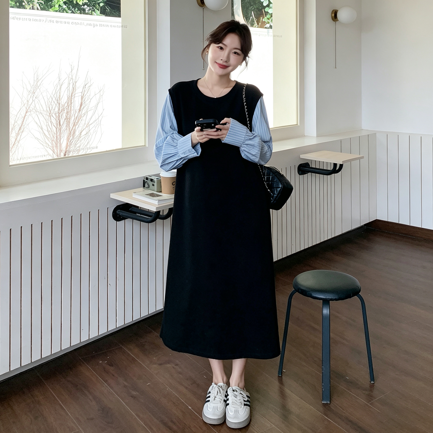 【ワンピース】レイヤード風ワンピース レディース 長袖 ボーダー切り替え スウェットワンピース ゆったり リラックス 秋コーデ【JZシリーズ】