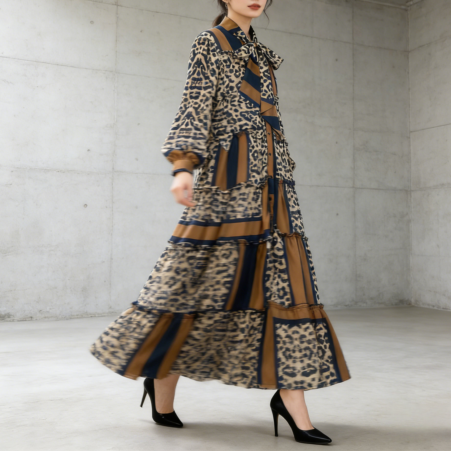 【ワンピース】プリントVネック お腹周りカバー フリル 長袖 ワンピース 【SHシリーズ】