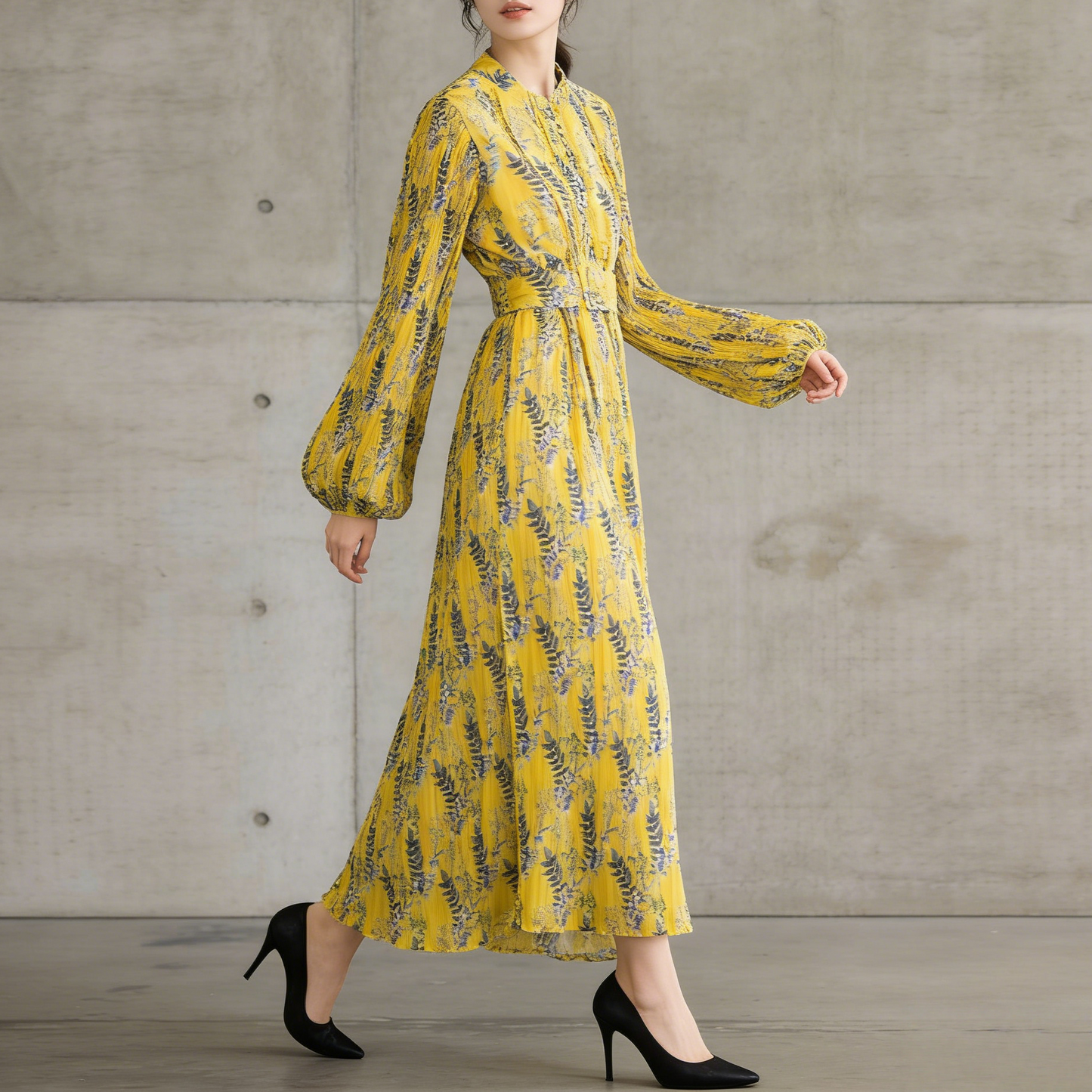 【ワンピース】スタンドカラー リボン付き Aライン プリント プリーツ 長袖 ワンピース 【SHシリーズ】