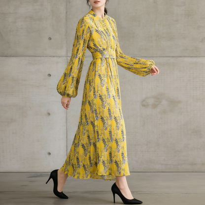 【ワンピース】スタンドカラー リボン付き Aライン プリント プリーツ 長袖 ワンピース 【SHシリーズ】