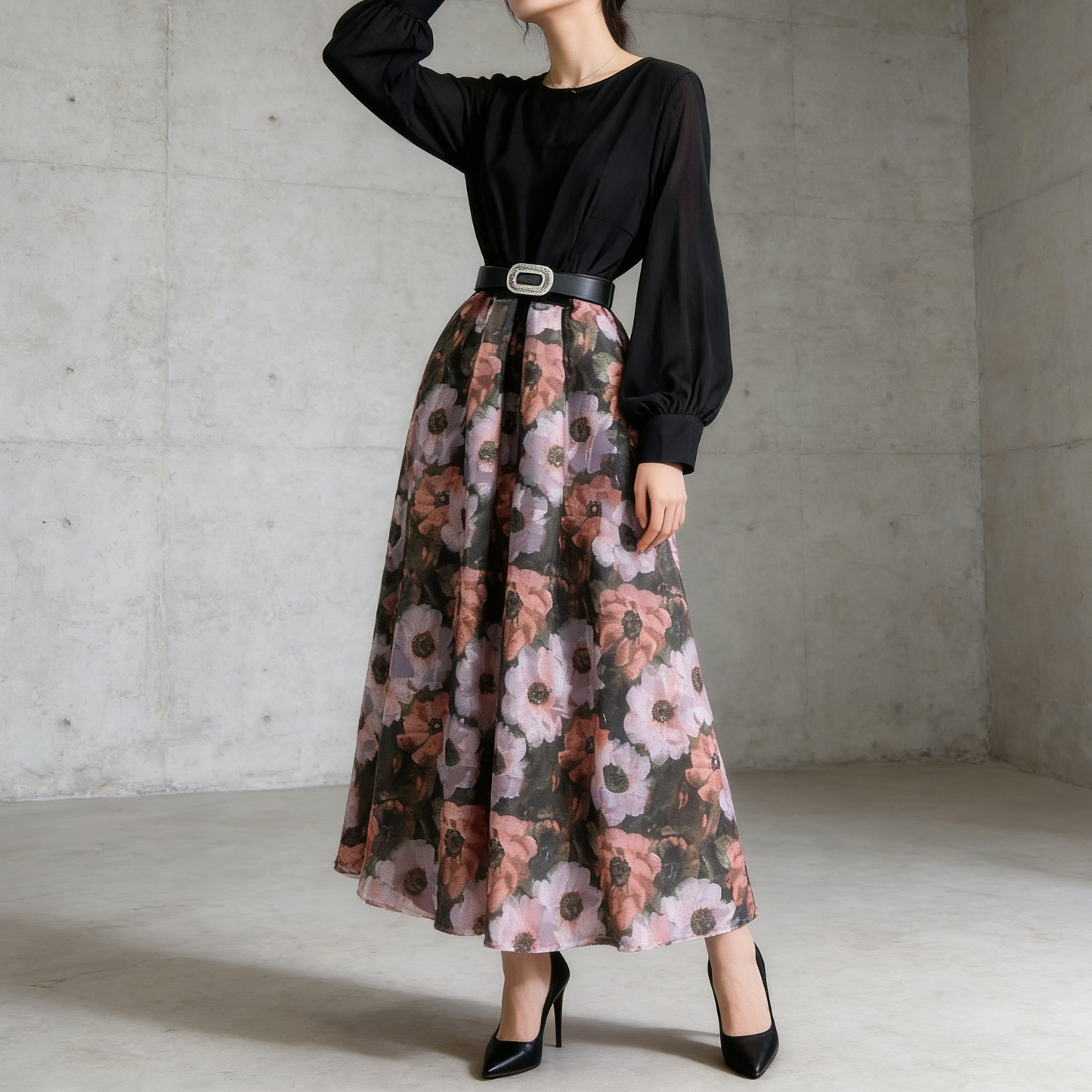 【ワンピース】フレンチ 花柄 切替 ウエストリボン 長袖 エレガント ロングワンピース【SHシリーズ】