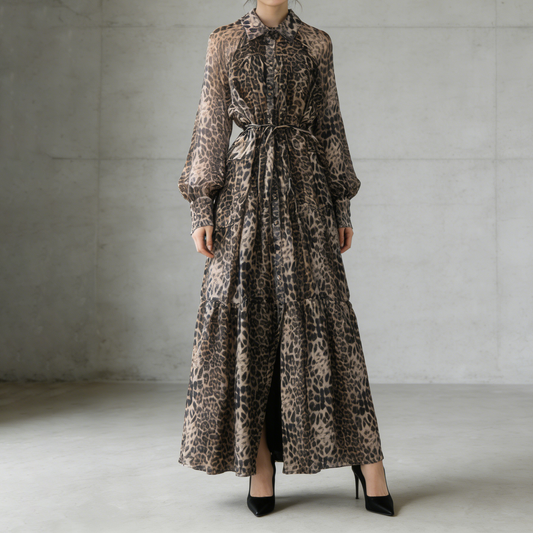 【ワンピース】レオパード柄 ウエストマーク 細見え チュール ボリュームフレア 長袖ワンピース【SHシリーズ】【15～20日内発送】