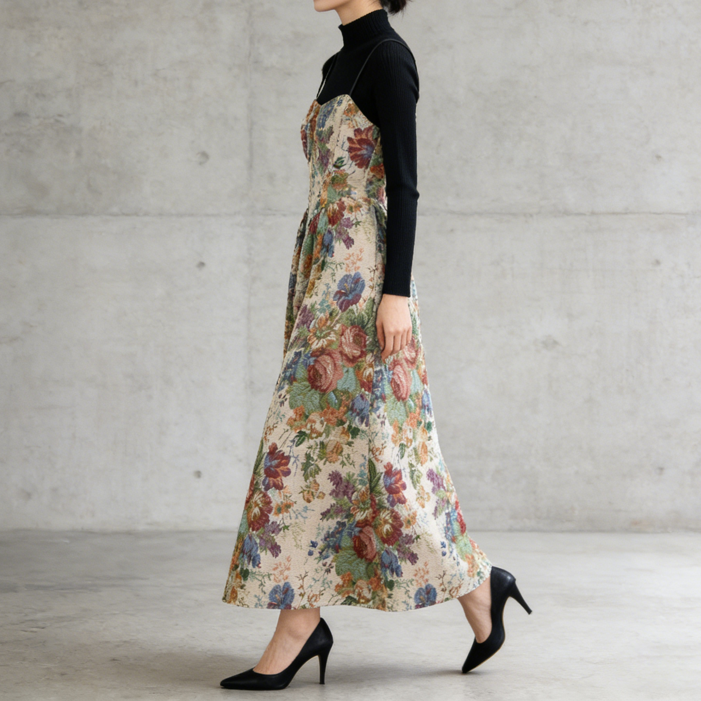 【セットアップ】レトロ ジャカード刺繍 キャミワンピース＋ニットインナー 2点セット レディース 秋冬【SHシリーズ】