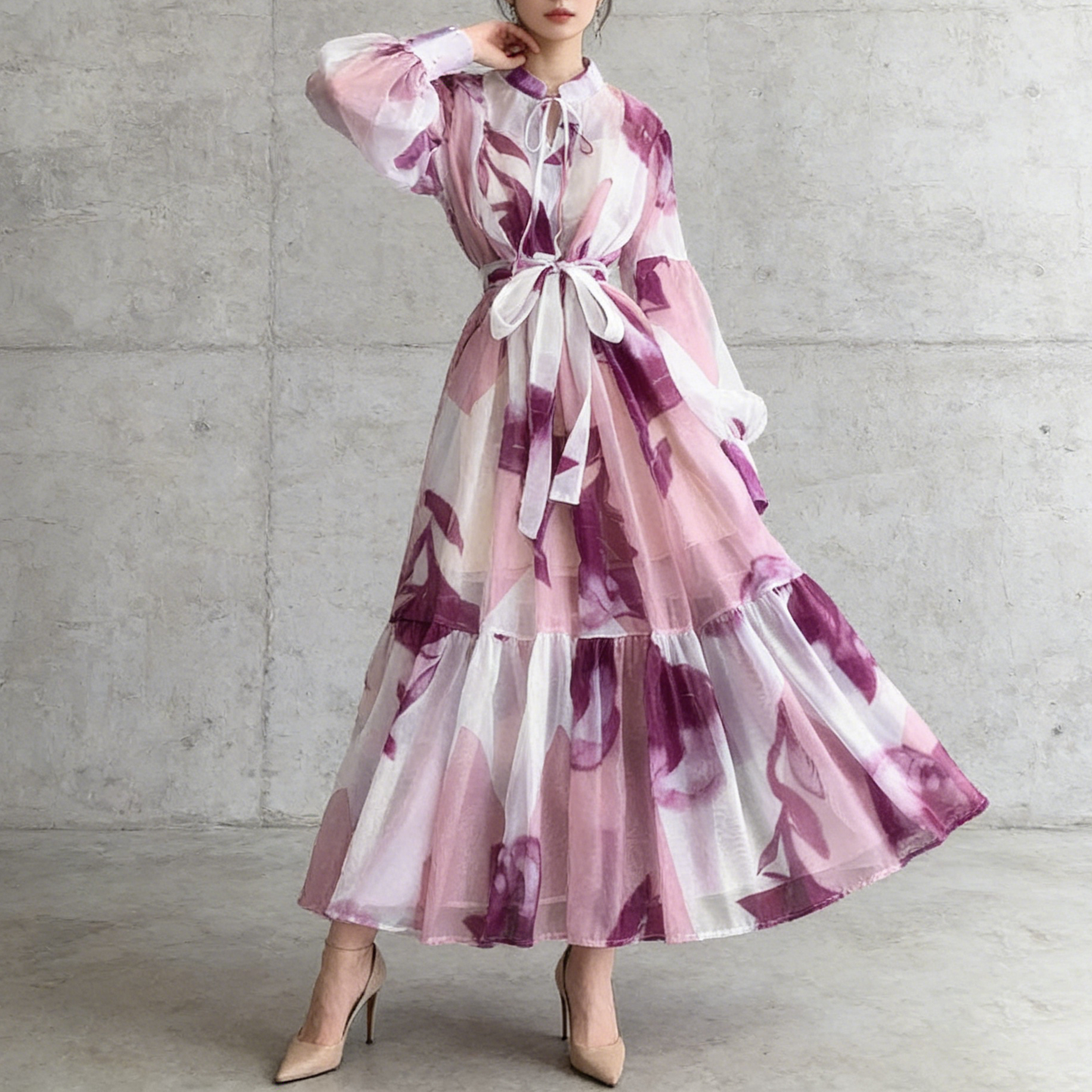 【ワンピース】5カラー フレンチレトロ 花柄ワンピース 長袖 ウエストマーク ゆったり着痩せ ロング丈 上品エレガント 万能ワンピ【SHシリーズ】