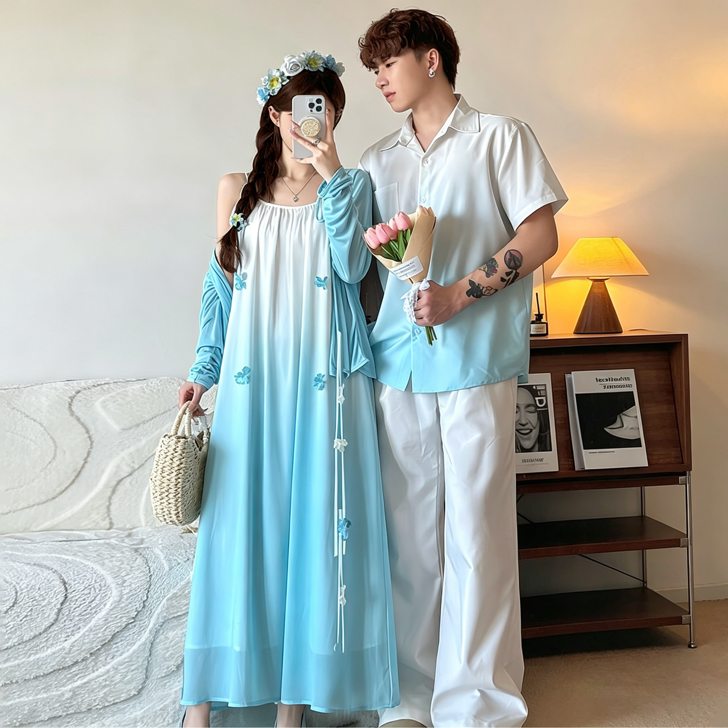 💕カップルコーデ【ワンピース】 海辺風 2026夏 キャミワンピース レディース フレンチ ノースリーブワンピース＆シャツ INS風 ペアルック【SHシリーズ】