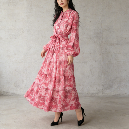 【ワンピース】シフォン フェミニン ウエスト切り替え 長袖 ワンピース【SHシリーズ】