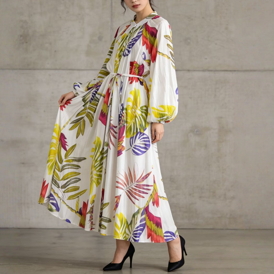 【ワンピース】前開き バルーンスリーブ タック入り フレア 長袖 ワンピース 【SHシリーズ】