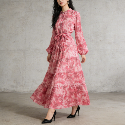 【ワンピース】シフォン フェミニン ウエスト切り替え 長袖 ワンピース【SHシリーズ】