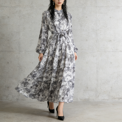 【ワンピース】シフォン フェミニン ウエスト切り替え 長袖 ワンピース【SHシリーズ】