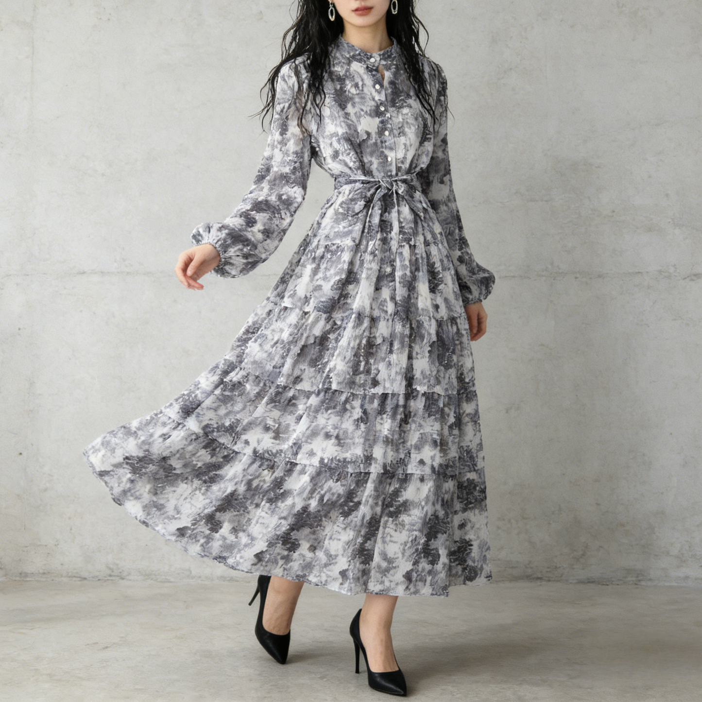 【ワンピース】シフォン フェミニン ウエスト切り替え 長袖 ワンピース【SHシリーズ】