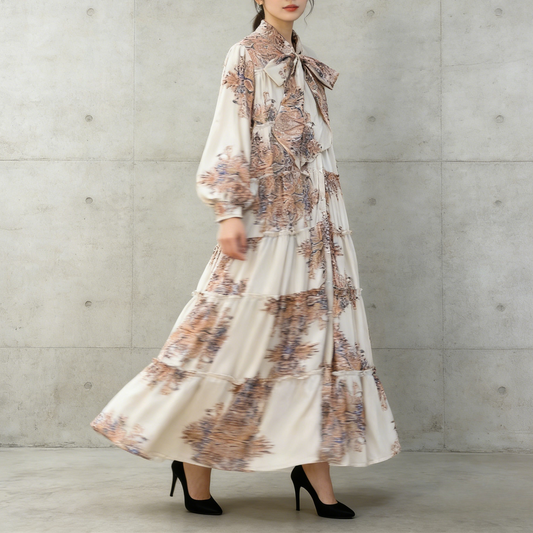 【ワンピース】プリントVネック お腹周りカバー フリル 長袖 ワンピース 【SHシリーズ】