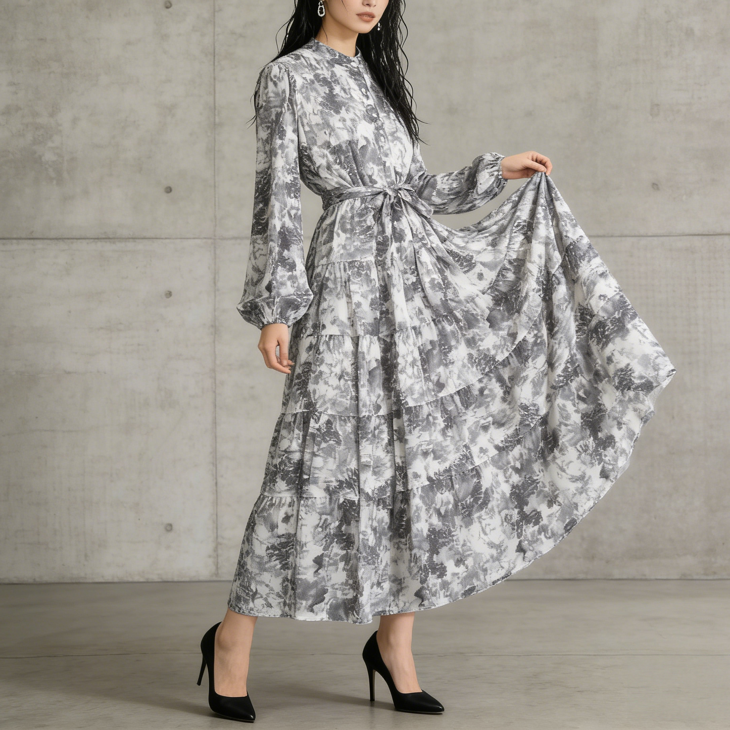 【ワンピース】シフォン フェミニン ウエスト切り替え 長袖 ワンピース【SHシリーズ】