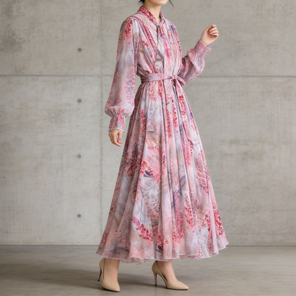 【ワンピース】花柄 フレンチエレガンス 気質 レディース シフォン 長袖ワンピース 蝶結びネック フレア 大人可愛い【SHシリーズ】