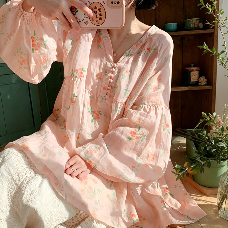 【トップス】ブラウス 春 花柄 ピンク フレンチ風 小众デザイン ゆったり 体型カバー 防晒シャツ 人気 新作【SHシリーズ】