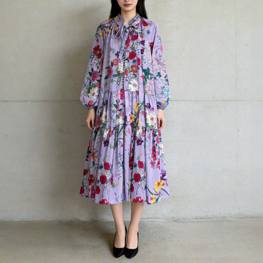 【60%OFF⭐️早い者勝ち】【ワンピース】クラシカル バルーンスリーブ フレンチ リボン付き 花柄 プリント 長袖 ワンピース【SHシリーズ】