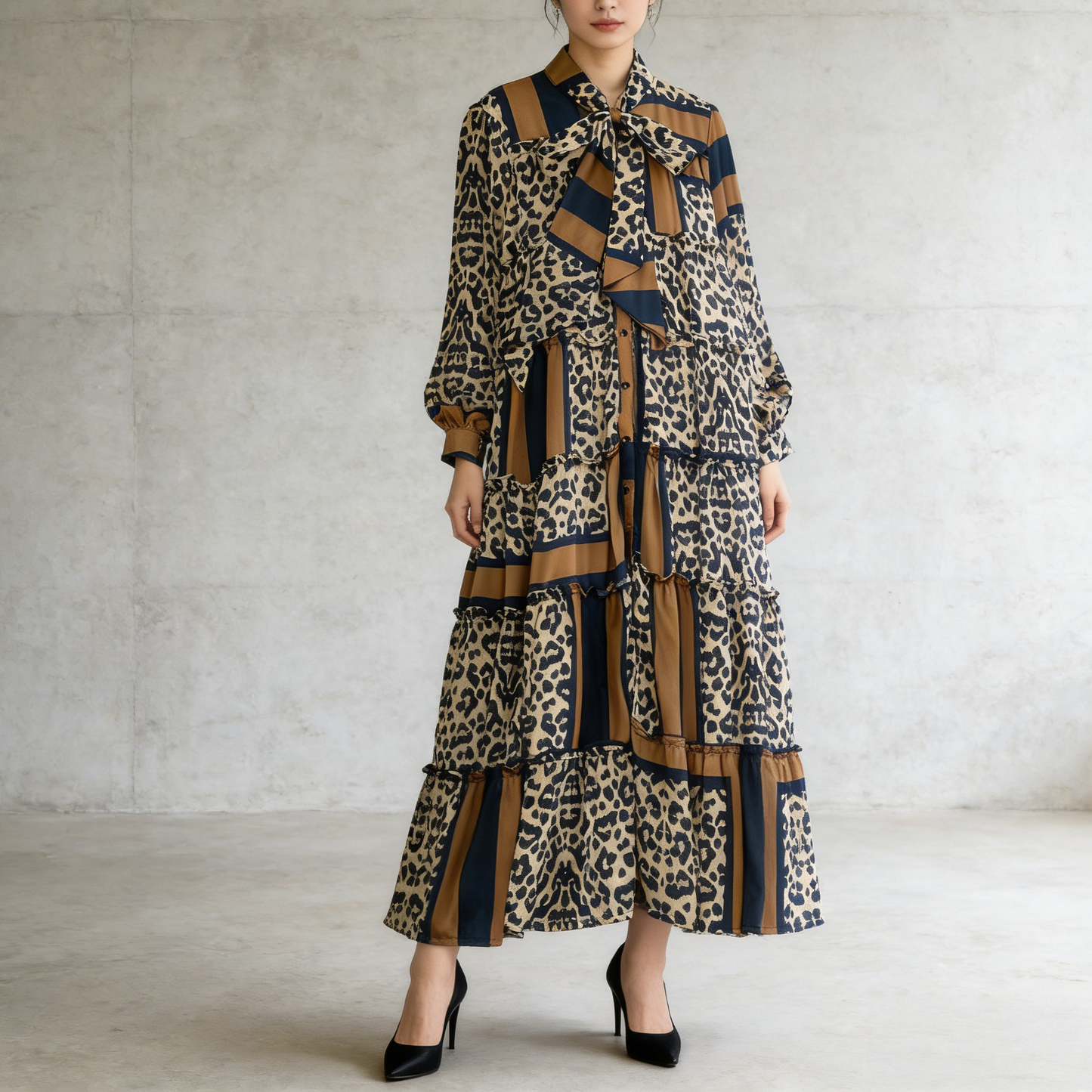 【ワンピース】プリントVネック お腹周りカバー フリル 長袖 ワンピース 【SHシリーズ】