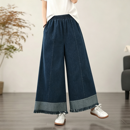 【ボトムス】レトロデニムワイドパンツ レディース 裾フリンジ加工 ゆったりシルエット【JZシリーズ】