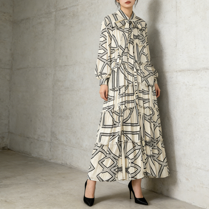 【ワンピース】プリントVネック お腹周りカバー フリル 長袖 ワンピース 【SHシリーズ】