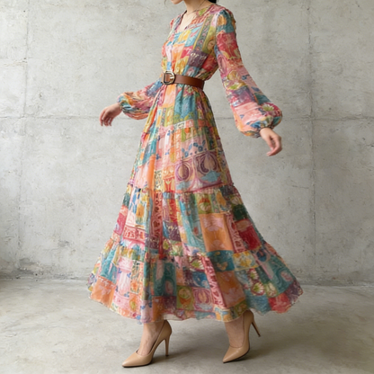 【ワンピース】欧米風 Vネック プリント シフォン長袖ワンピース フレア ロング丈 レディース【SHシリーズ】