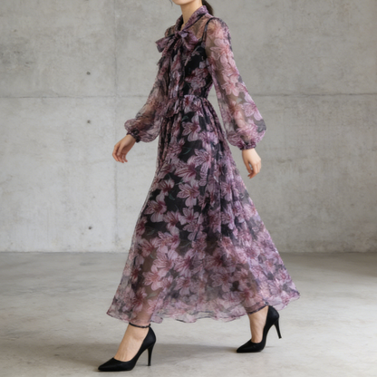 【ワンピース】花柄シリーズ シフォンワンピース 軽やか 薄手 ふんわりロング エレガント 大人可愛い 長袖 リゾートワンピ【SHシリーズ】