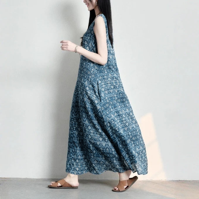 期間限定⭐️60%OFF【ワンピース】Vネック レトロ プリント ノースリーブ ワンピース 【SHシリーズ】
