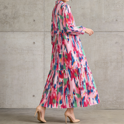 4カラー【ワンピース】個性派 グラデーション柄 長袖 ゆったりシルエット 体型カバー Aライン フレア シャツワンピース レディース ワンピース【SHシリーズ】