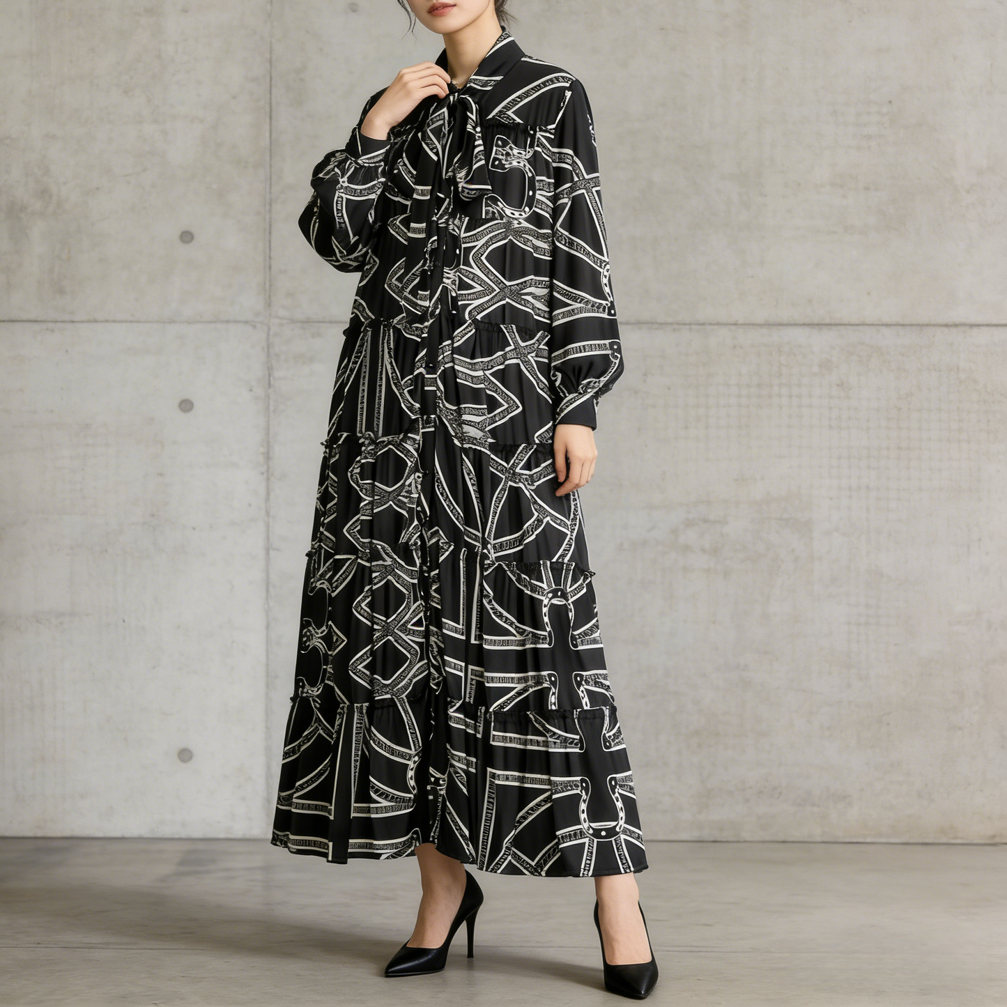 【ワンピース】プリントVネック お腹周りカバー フリル 長袖 ワンピース 【SHシリーズ】