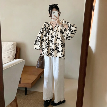 【トップス】フレンチ風パフスリーブ ゆるかわ花柄長袖ブラウス レディース【SHシリーズ】