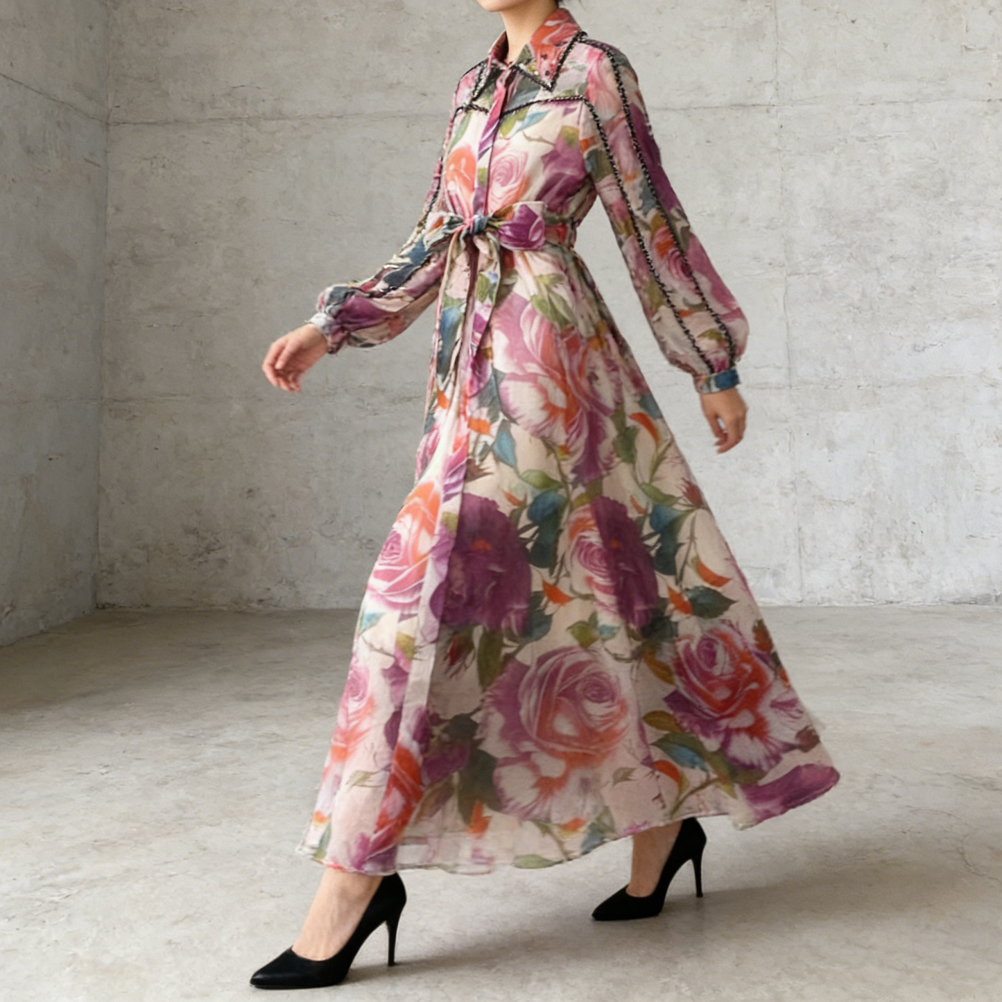 【ワンピース】フレンチエレガント ビジュー装飾 長袖 襟付き ウエストマーク 体型カバー 花柄 フレア ロングワンピースレディース
【SHシリーズ】