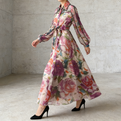 【ワンピース】フレンチエレガント ビジュー装飾 長袖 襟付き ウエストマーク 体型カバー 花柄 フレア ロングワンピースレディース
【SHシリーズ】