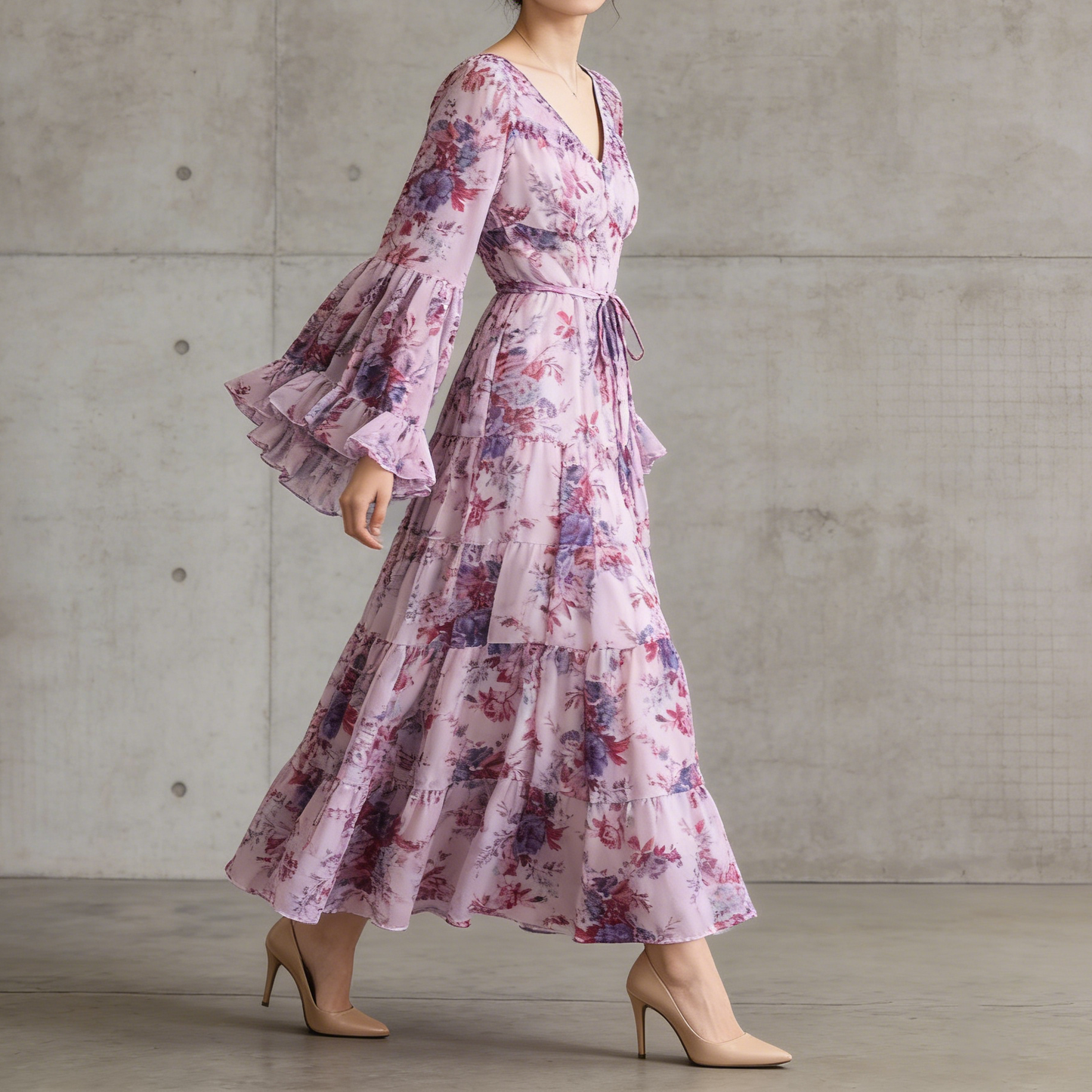 【ワンピース】褒められ確定！フレンチ小衆 長袖 プリントロングワンピース｜シフォン＆ベルスリーブ【SHシリーズ】