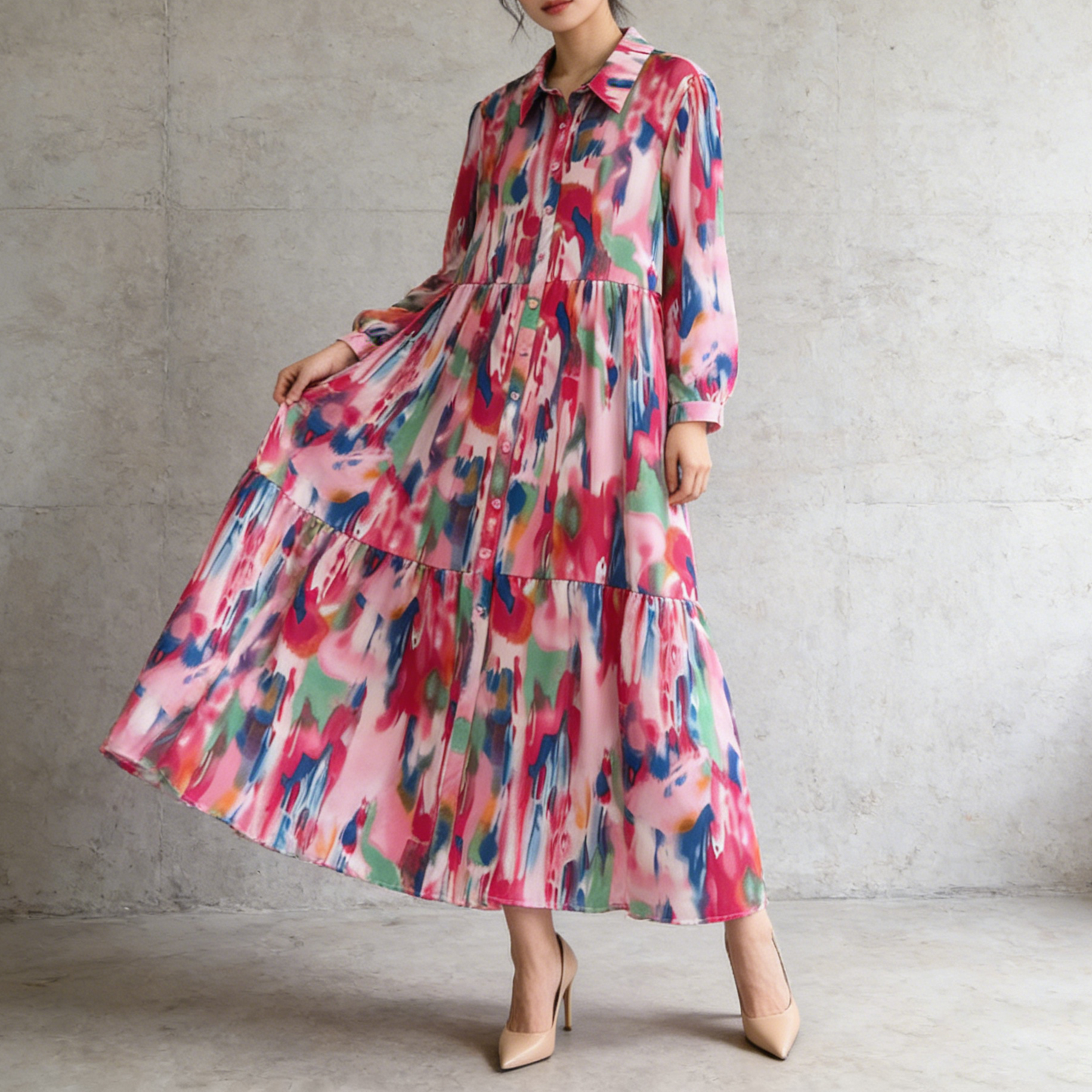 4カラー【ワンピース】個性派 グラデーション柄 長袖 ゆったりシルエット 体型カバー Aライン フレア シャツワンピース レディース ワンピース【SHシリーズ】