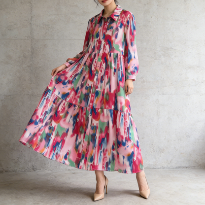 4カラー【ワンピース】個性派 グラデーション柄 長袖 ゆったりシルエット 体型カバー Aライン フレア シャツワンピース レディース ワンピース【SHシリーズ】
