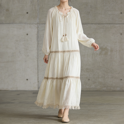 【ワンピース】一目惚れ確定！リゾート感たっぷり 民族風ロングドレス｜タッセル＆フレア袖 長袖ワンピース【SHシリーズ】