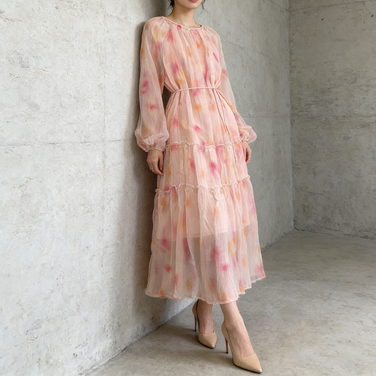 【ワンピース】長袖 ラウンドネック ウエストマーク Aライン 絞り染めプリント ロングワンピース リゾート 海辺 フレアワンピース【SHシリーズ】