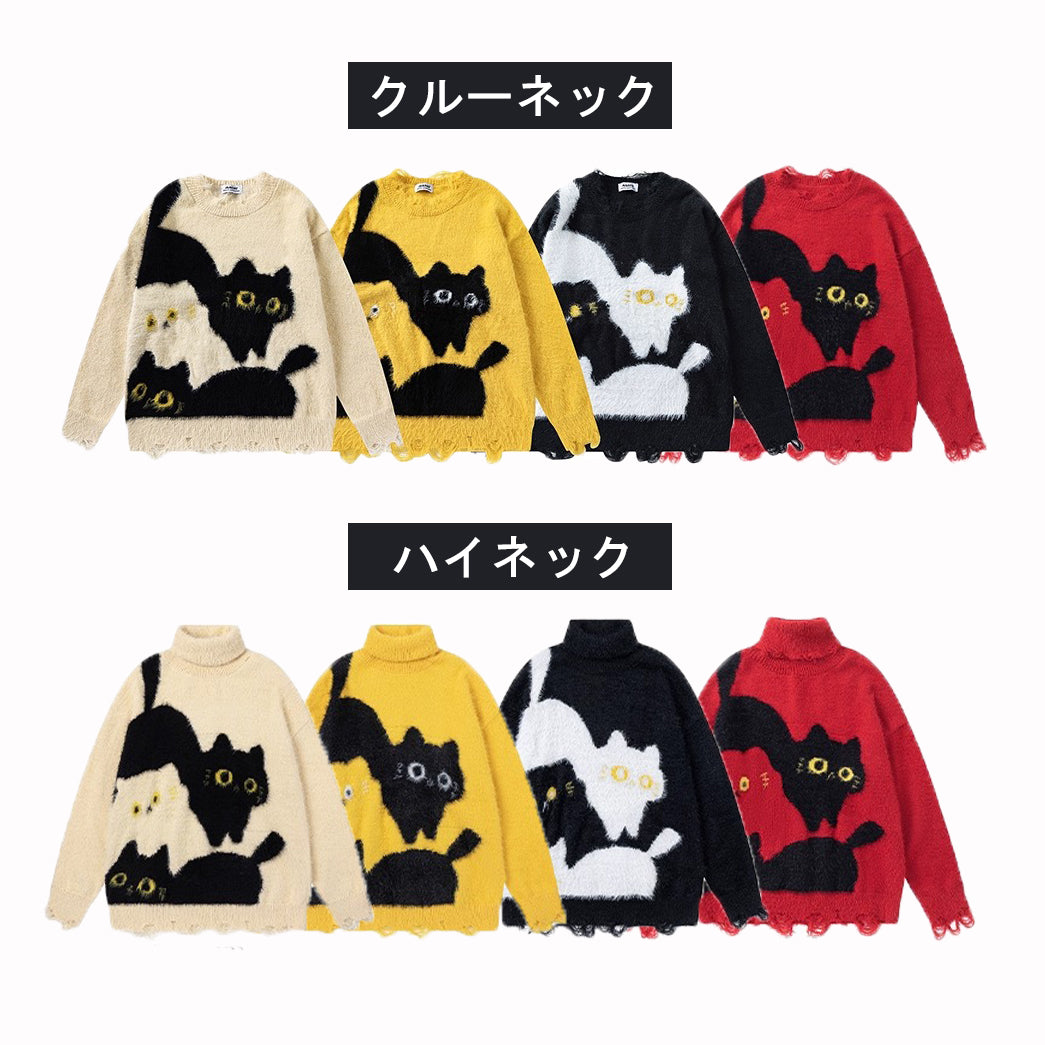 【トップス】秋冬 ねこ柄 破れ風 ダメージニット レトロ かわいい ゆったり 男女兼用 セーター【FCシリーズ】