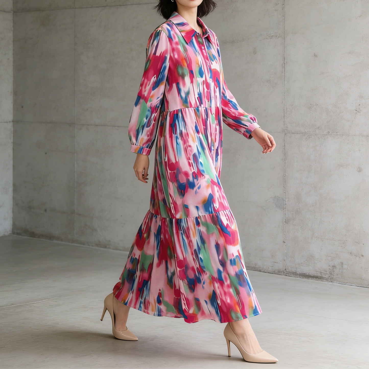 4カラー【ワンピース】個性派 グラデーション柄 長袖 ゆったりシルエット 体型カバー Aライン フレア シャツワンピース レディース ワンピース【SHシリーズ】