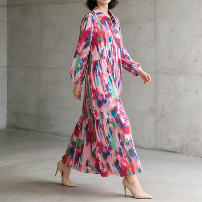 4カラー【ワンピース】個性派 グラデーション柄 長袖 ゆったりシルエット 体型カバー Aライン フレア シャツワンピース レディース ワンピース【SHシリーズ】