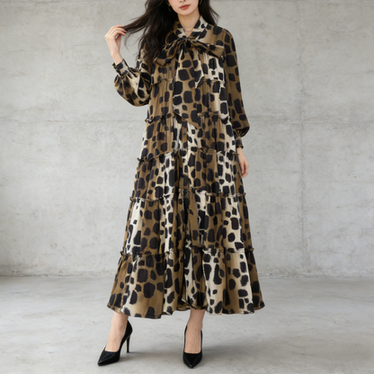 【ワンピース】プリントVネック お腹周りカバー フリル 長袖 ワンピース 【SHシリーズ】