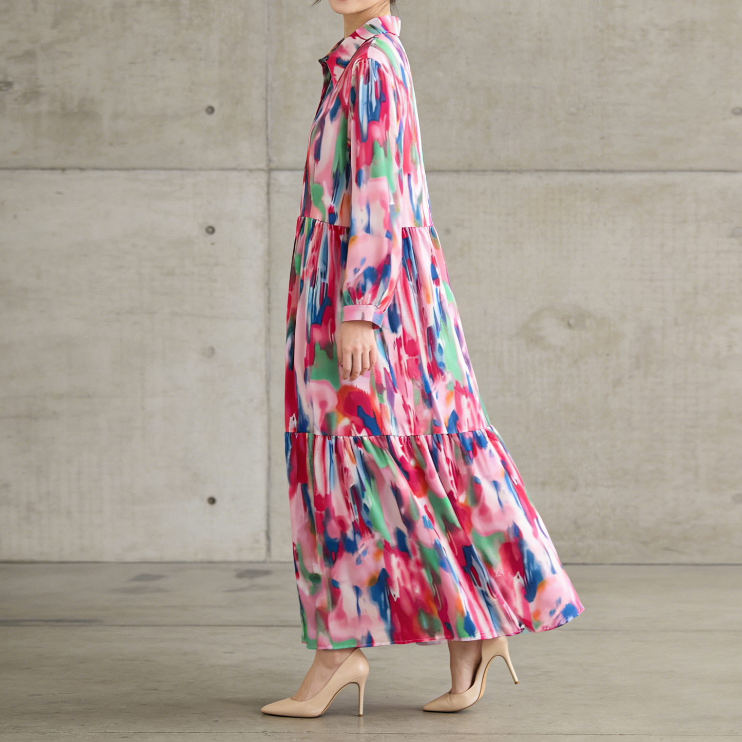 4カラー【ワンピース】個性派 グラデーション柄 長袖 ゆったりシルエット 体型カバー Aライン フレア シャツワンピース レディース ワンピース【SHシリーズ】