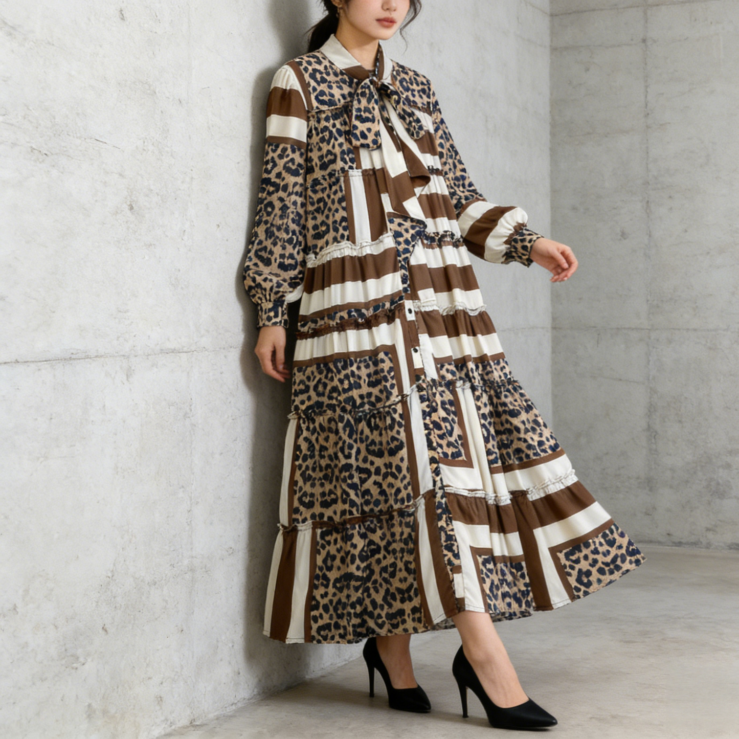 【ワンピース】プリントVネック お腹周りカバー フリル 長袖 ワンピース 【SHシリーズ】