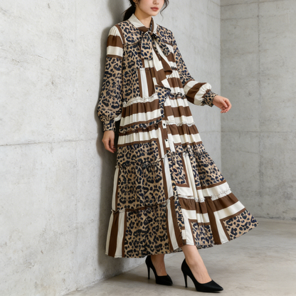 【ワンピース】プリントVネック お腹周りカバー フリル 長袖 ワンピース 【SHシリーズ】