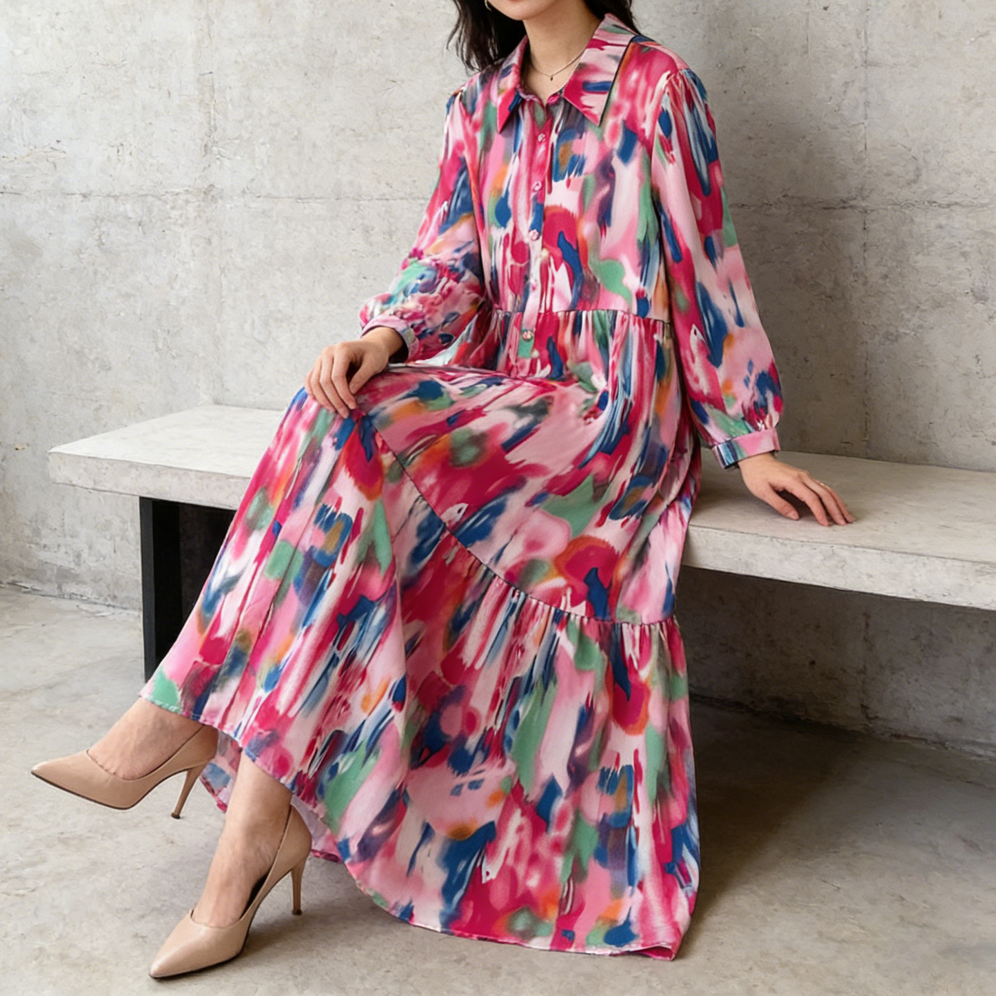 4カラー【ワンピース】個性派 グラデーション柄 長袖 ゆったりシルエット 体型カバー Aライン フレア シャツワンピース レディース ワンピース【SHシリーズ】