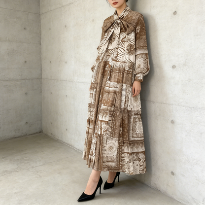 【ワンピース】プリントVネック お腹周りカバー フリル 長袖 ワンピース 【SHシリーズ】