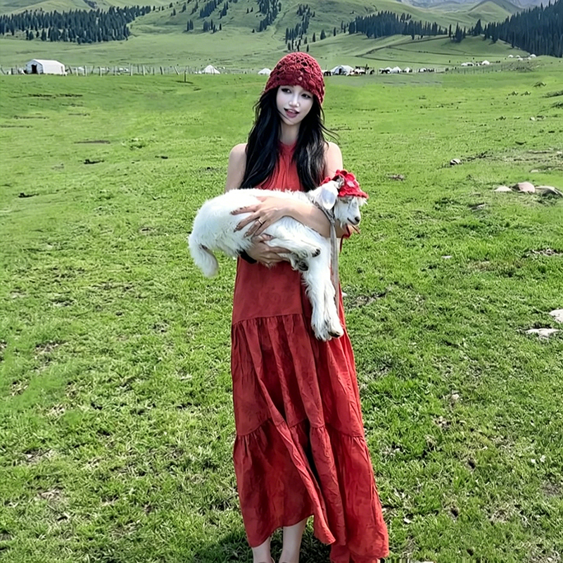 酒紅色掛脖無袖度假連身裙｜海邊旅行長裙【JZ系列】