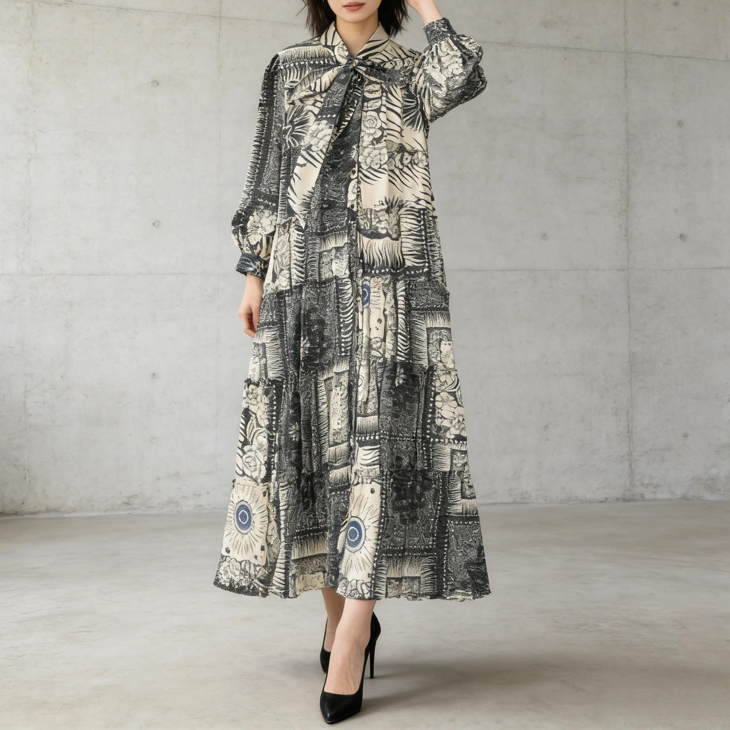 【ワンピース】プリントVネック お腹周りカバー フリル 長袖 ワンピース 【SHシリーズ】