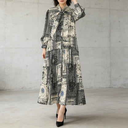 【ワンピース】プリントVネック お腹周りカバー フリル 長袖 ワンピース 【SHシリーズ】