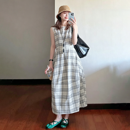 【ワンピース】レトロ チェック柄 ノースリーブ ワンピース レディース 春夏 ウエストマーク 上品 高級感 きれいめ ロングワンピース【JZシリーズ】